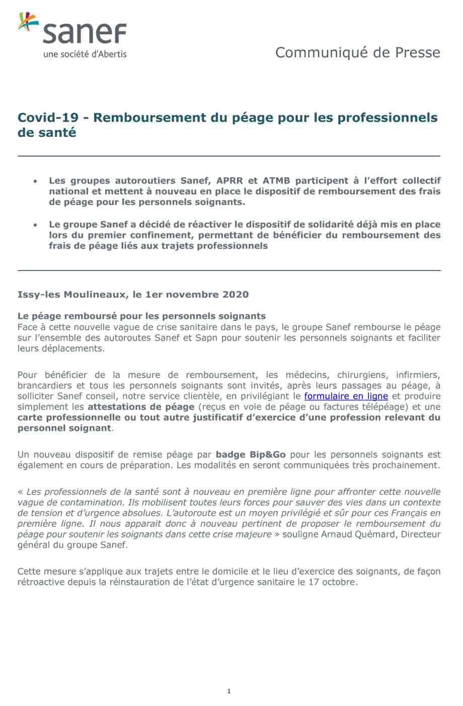 Communique de presse sanef covid et gratuite du personnel soignant confinement 2 1