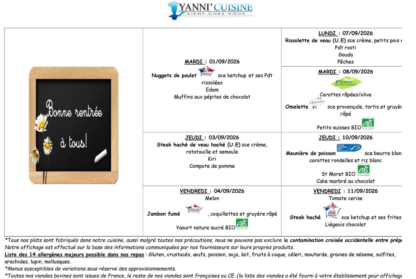 Menu scolaire du 1 au 11 septembre