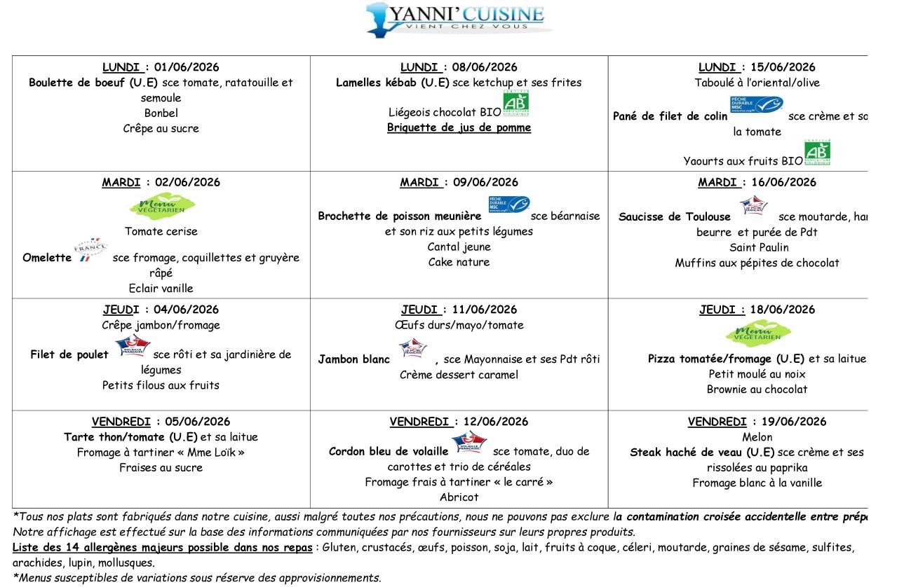 Menu scolaire du 1 au 19 juin