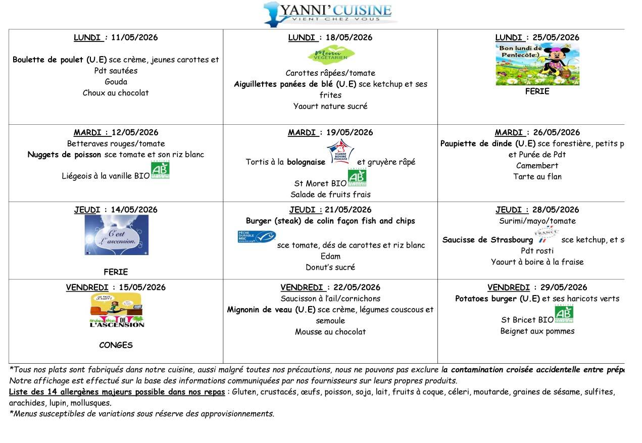 Menu scolaire du 11 au 29 mai