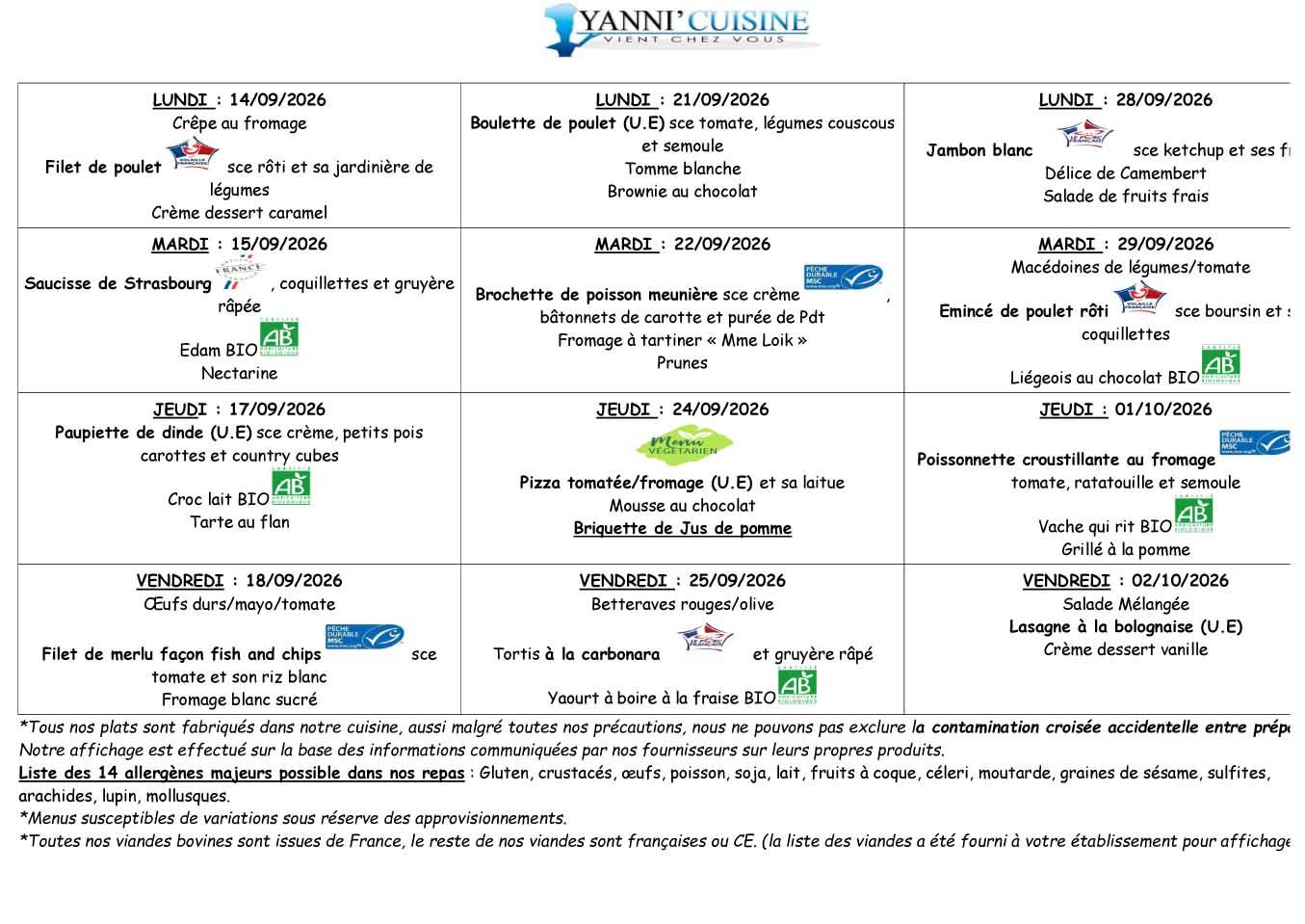 Menu scolaire du 14 septembre au 2 octobre