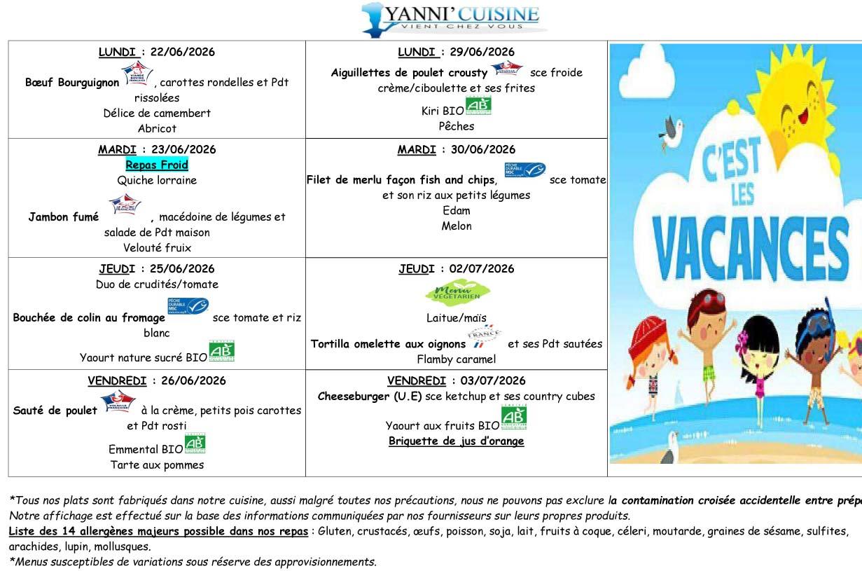 Menu scolaire du 22 juin au 3 juillet