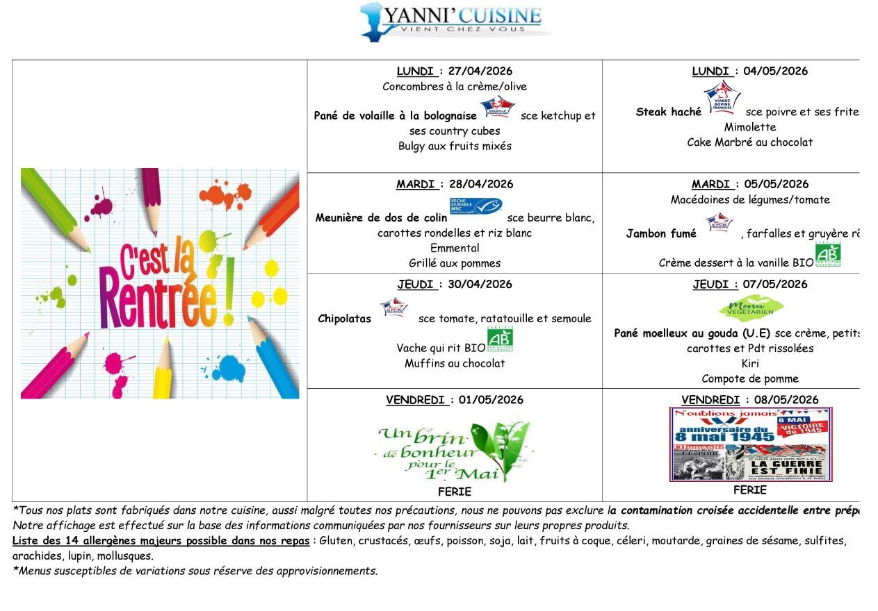 Menu scolaire du 27 avril au 7 mai