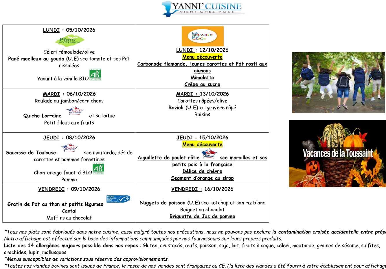 Menu scolaire du 5 au 16 octobre