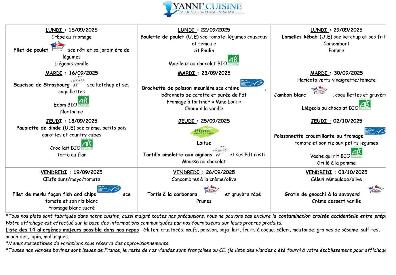 Menus du 15 septembre au 3 octobre 2025