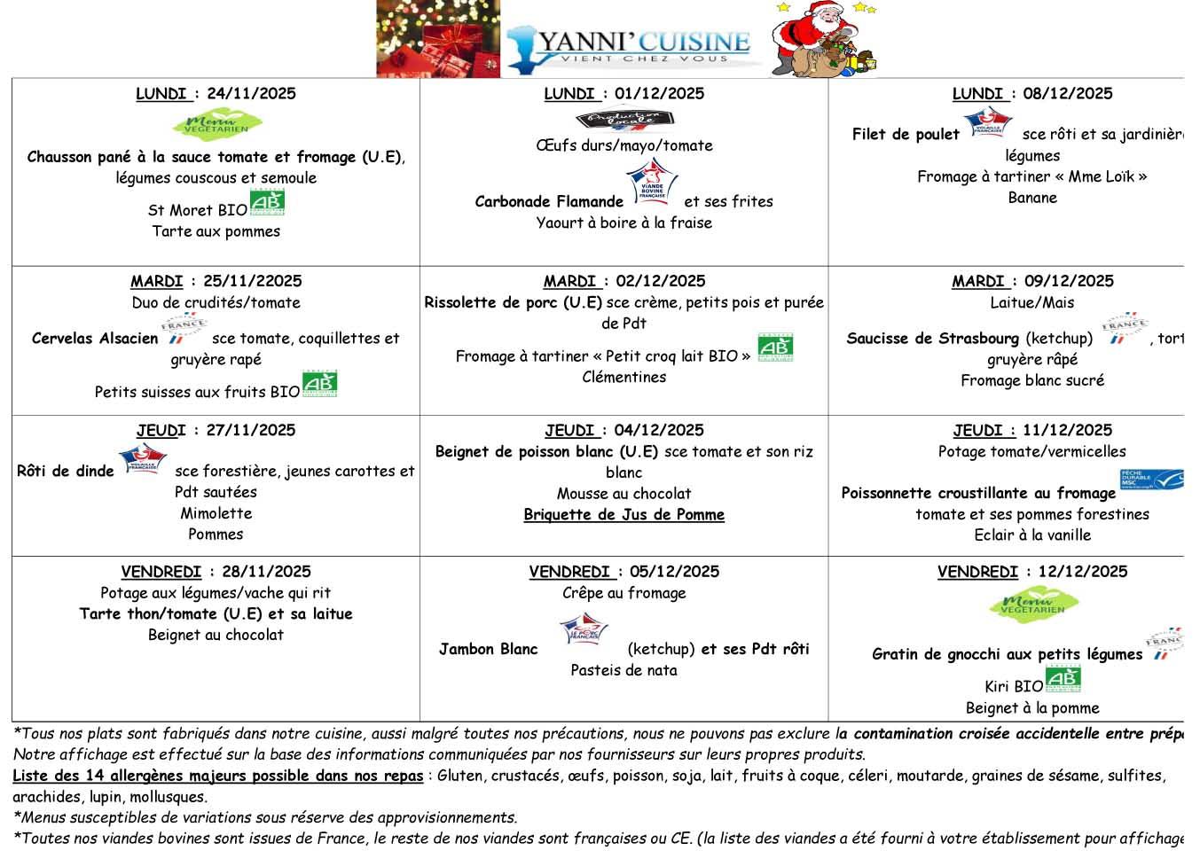 Menus du 24 novembre au 12 decembre