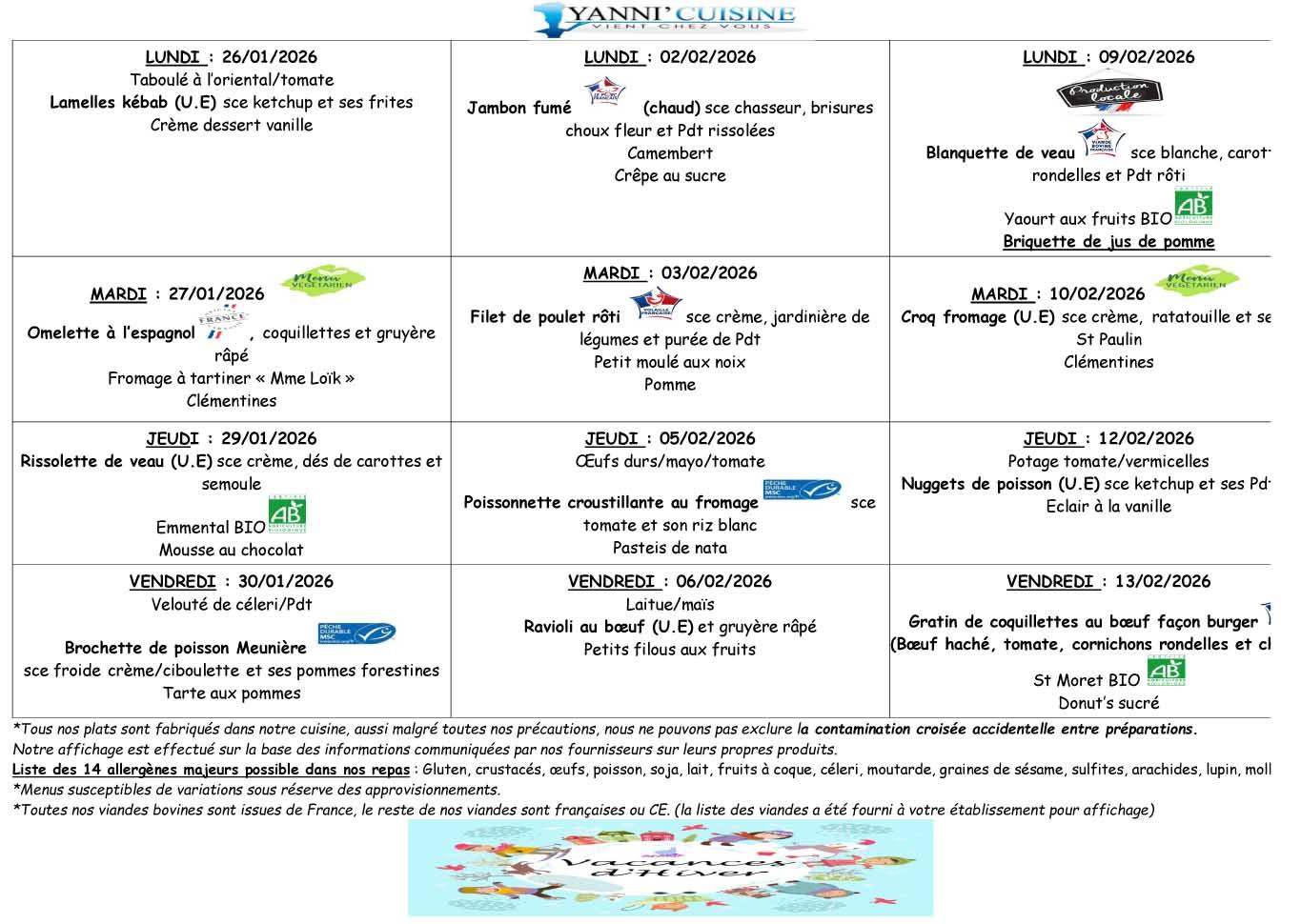 Menus du 26 janvier au 13 fevrier 2026