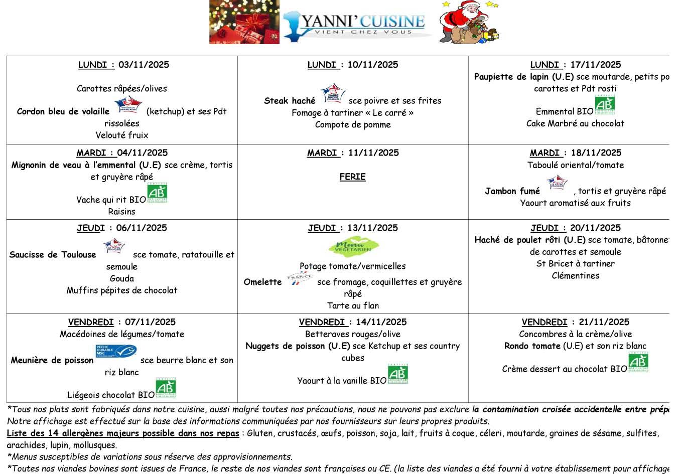 Menus du 3 au 21 novembre