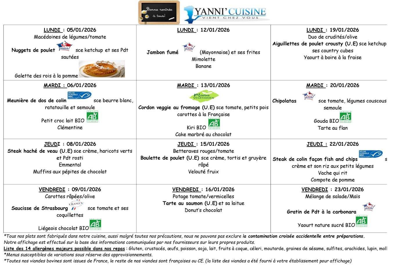 Menus du 5 au 23 janvier 2026