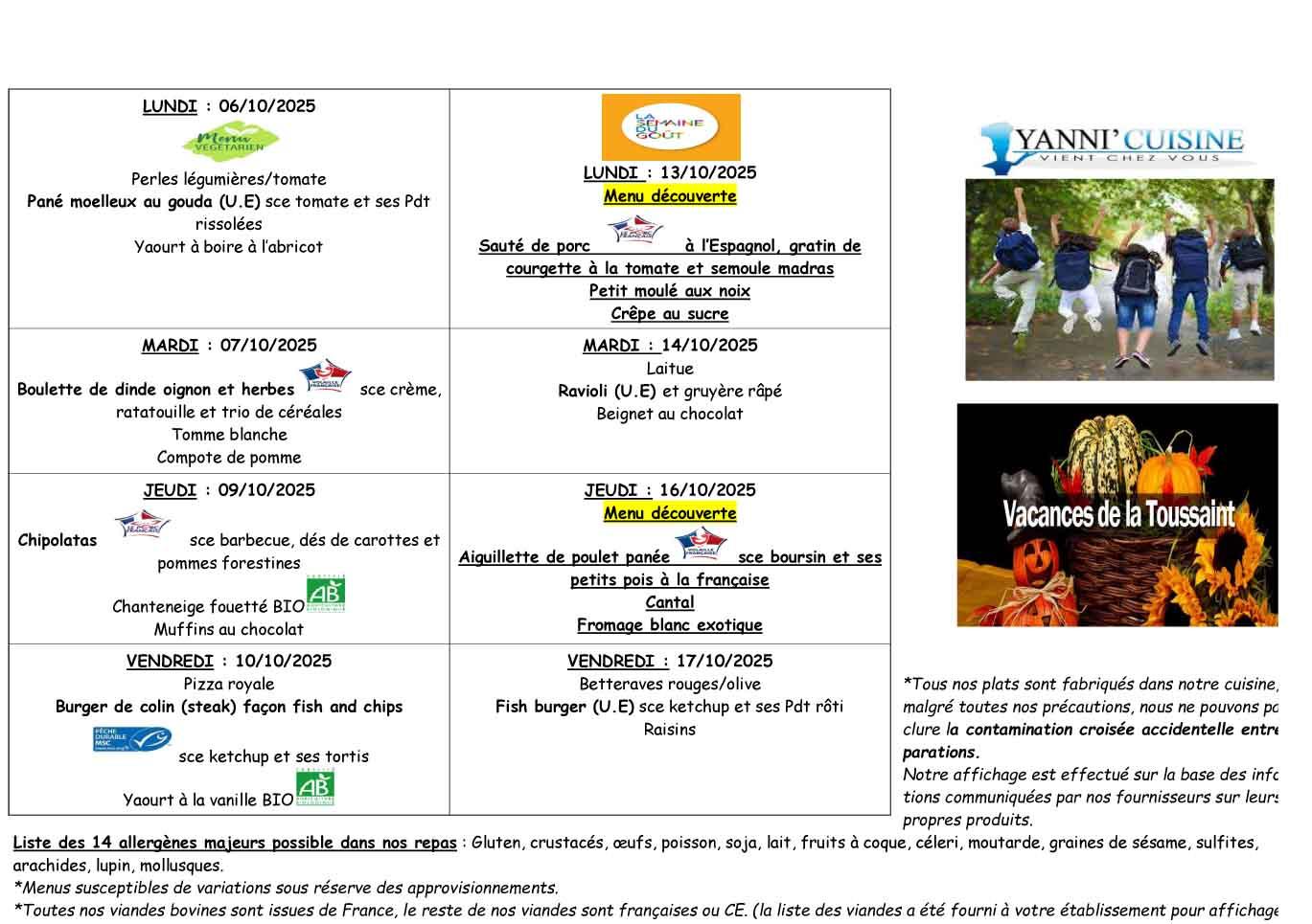 Menus du 6 au 17 octobre 2025