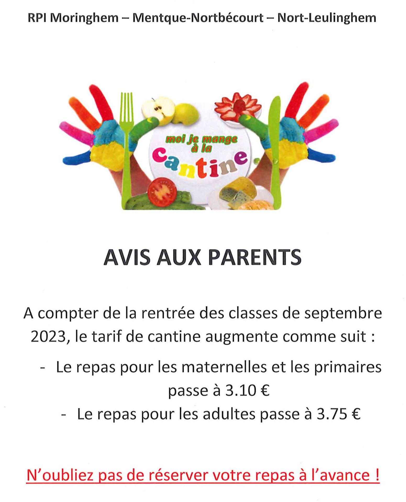 Tarif cantine 2023 2024